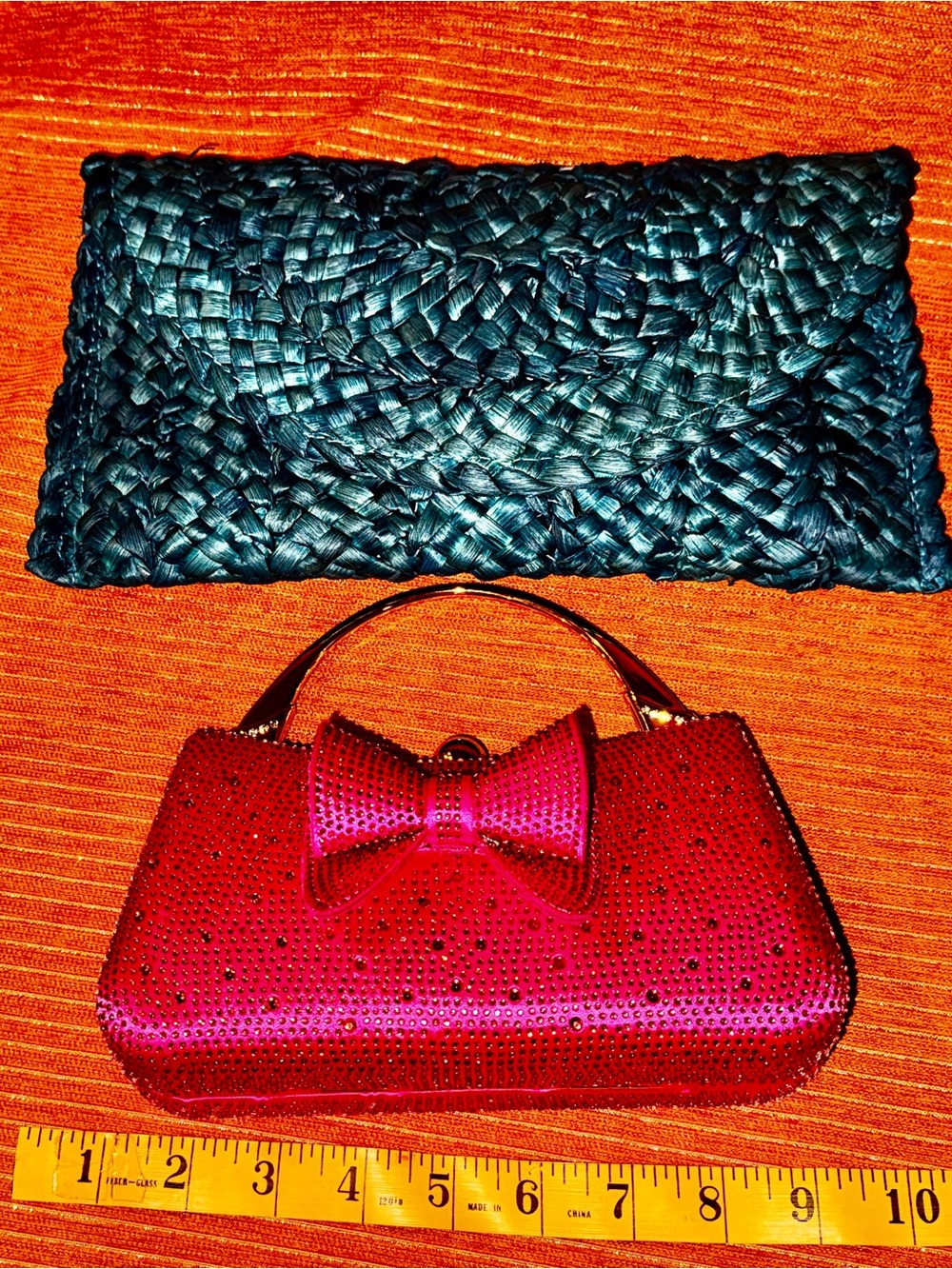 2 NEW bags:  Bow Accent Hot Pink Mini Bag, Blue Straw Clutch